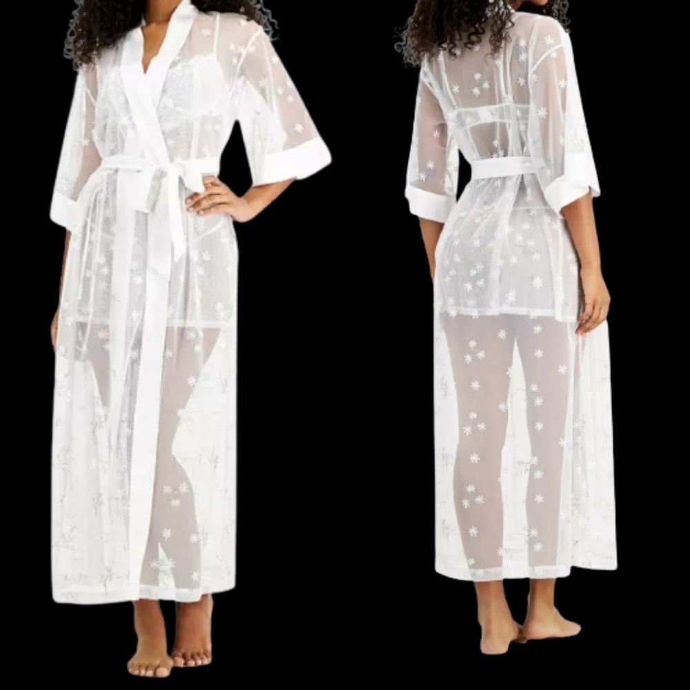 International Concepts Embroidered Sheer Wrap Robe Nightgown Sz M